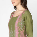 Cheera Hand Block Print Military Color Straight Kurta (MAAI-047K) | Grocsy