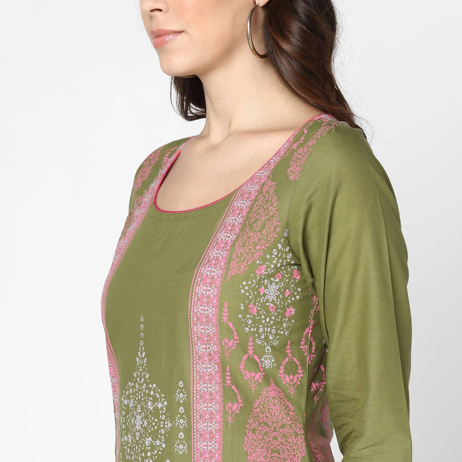 Cheera Hand Block Print Military Color Straight Kurta (MAAI-047K) | Grocsy