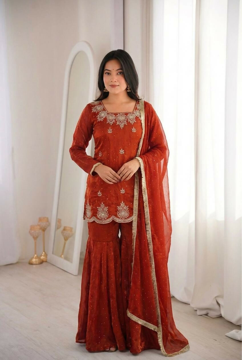 Teeya Creation Womens New Fancy Embroidery Sequence Work With Zarkan Diamond Work Orange Kurta Set | Grocsy