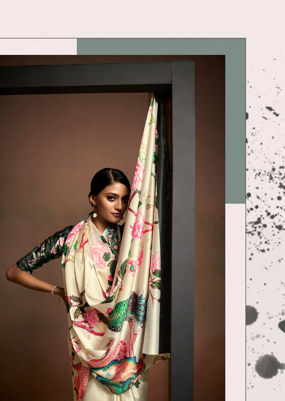 Beige Satin Digital Printed Saree with Unstitched Blouse Piece - Jodha | Grocsy