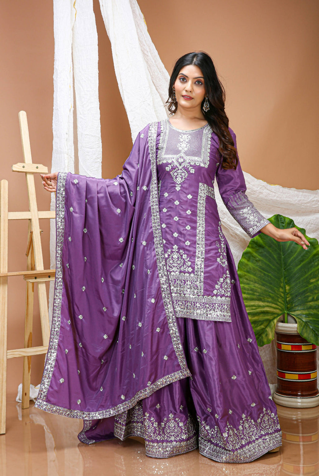 Lehenga Mart Designer Sharara Suit With Kurta, Sharara, Dupatta For Women-Lavender Violet | Grocsy