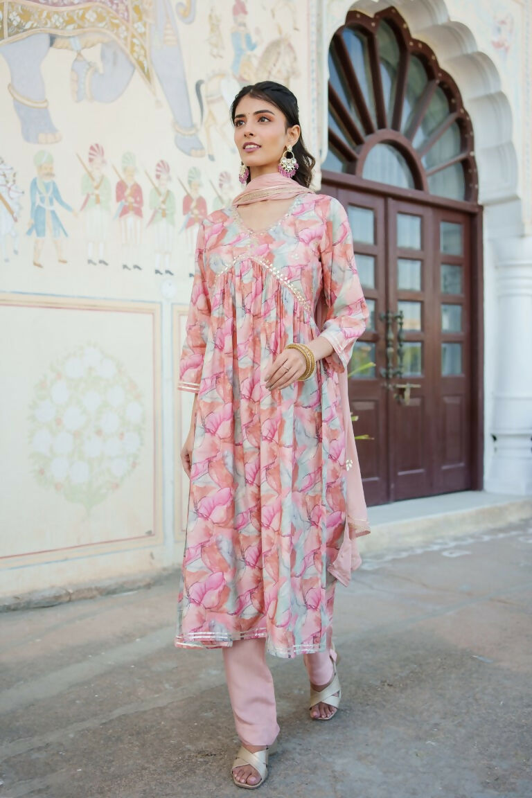 Vaasva Women Peach Muslin Embroidered Kurta, Pant & Dupatta Set | Grocsy