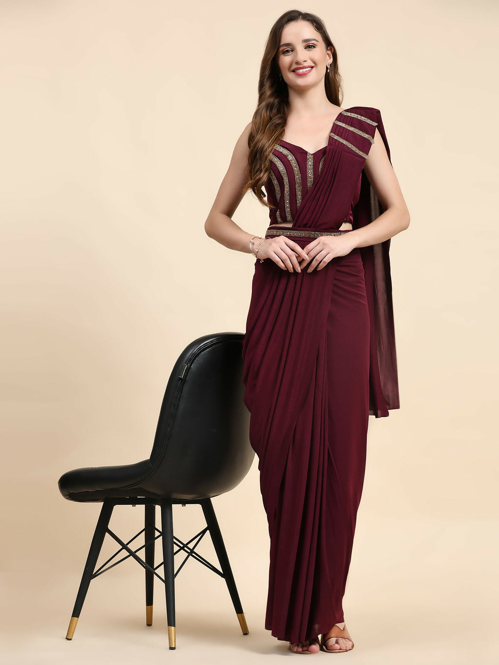 Maroon Polyester Solid Ready to Wear Saree with stitched Blouse - Nita | Grocsy