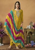 Chinnon Silk Yellow Salwar Suit with Multicolor Dupatta - Emponline | Grocsy