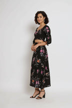 Black Crepe Floral Printed Top with Matching Skirt - Shivani | Grocsy