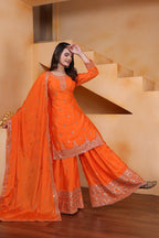 Joban Fashion Orange Silk Embroidered Sharara Set | Grocsy
