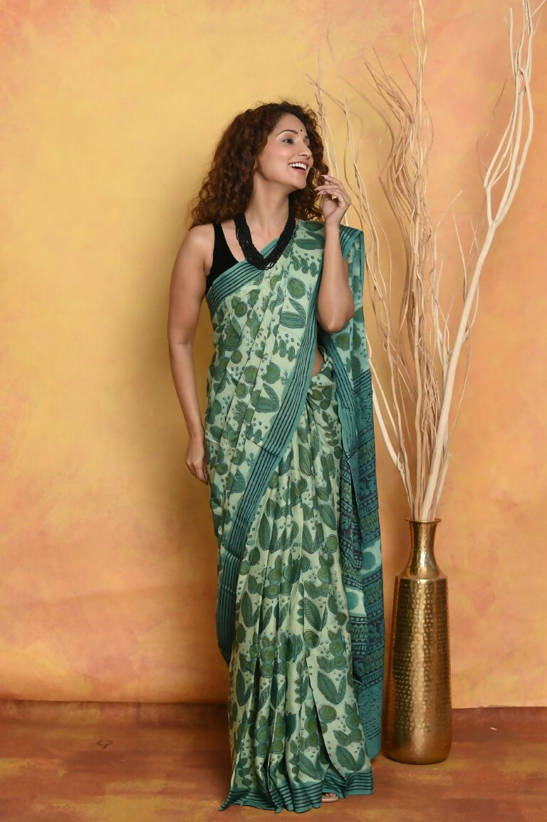 Very Much Indian Designer Modal Silk Saree With With Beautiful Floral Print - Sea Green | Grocsy