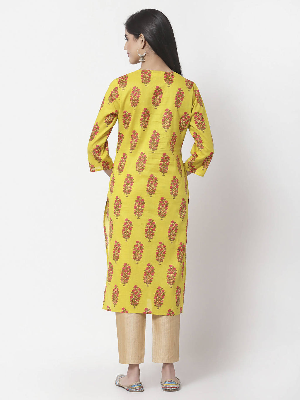 Myshka Women Yellow Pure Cotton Printed 3/4 Sleeve Round Neck Kurta | Grocsy