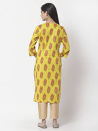 Myshka Women Yellow Pure Cotton Printed 3/4 Sleeve Round Neck Kurta | Grocsy
