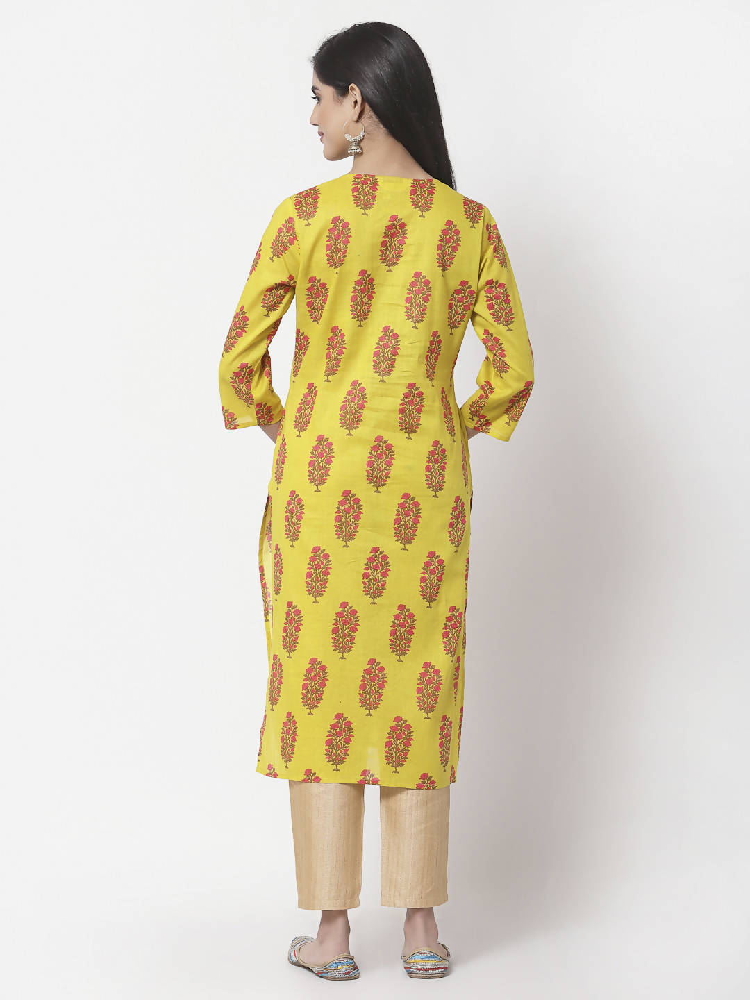Myshka Women Yellow Pure Cotton Printed 3/4 Sleeve Round Neck Kurta | Grocsy