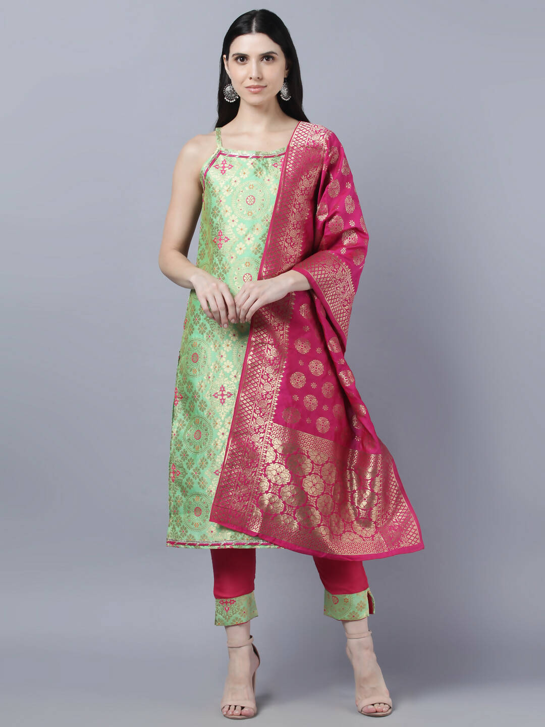 Myshka Women Green Ethnic Motifs Gotta Patti Kurta with Trousers With Dupatta Set | Grocsy