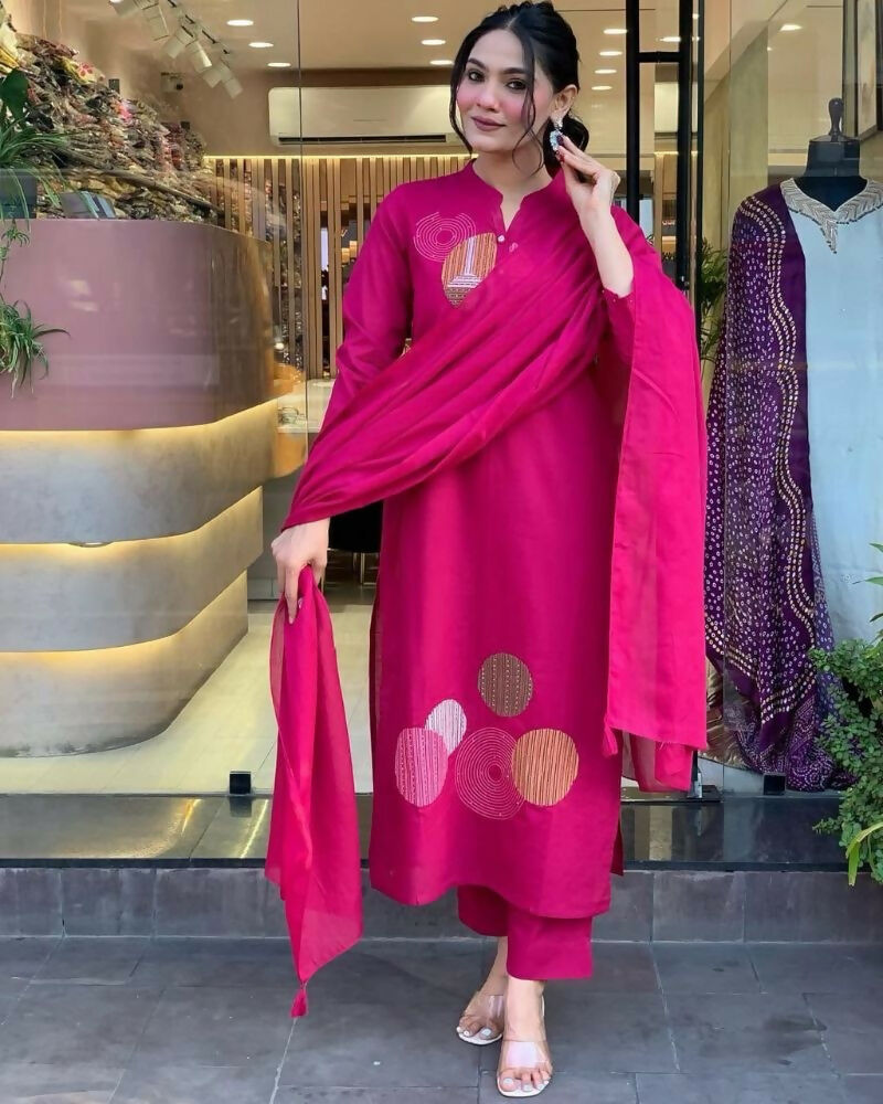 Teeya Creation Women Pink Geometric Embroidered Straight Kurta with Pants and Dupatta Set | Grocsy