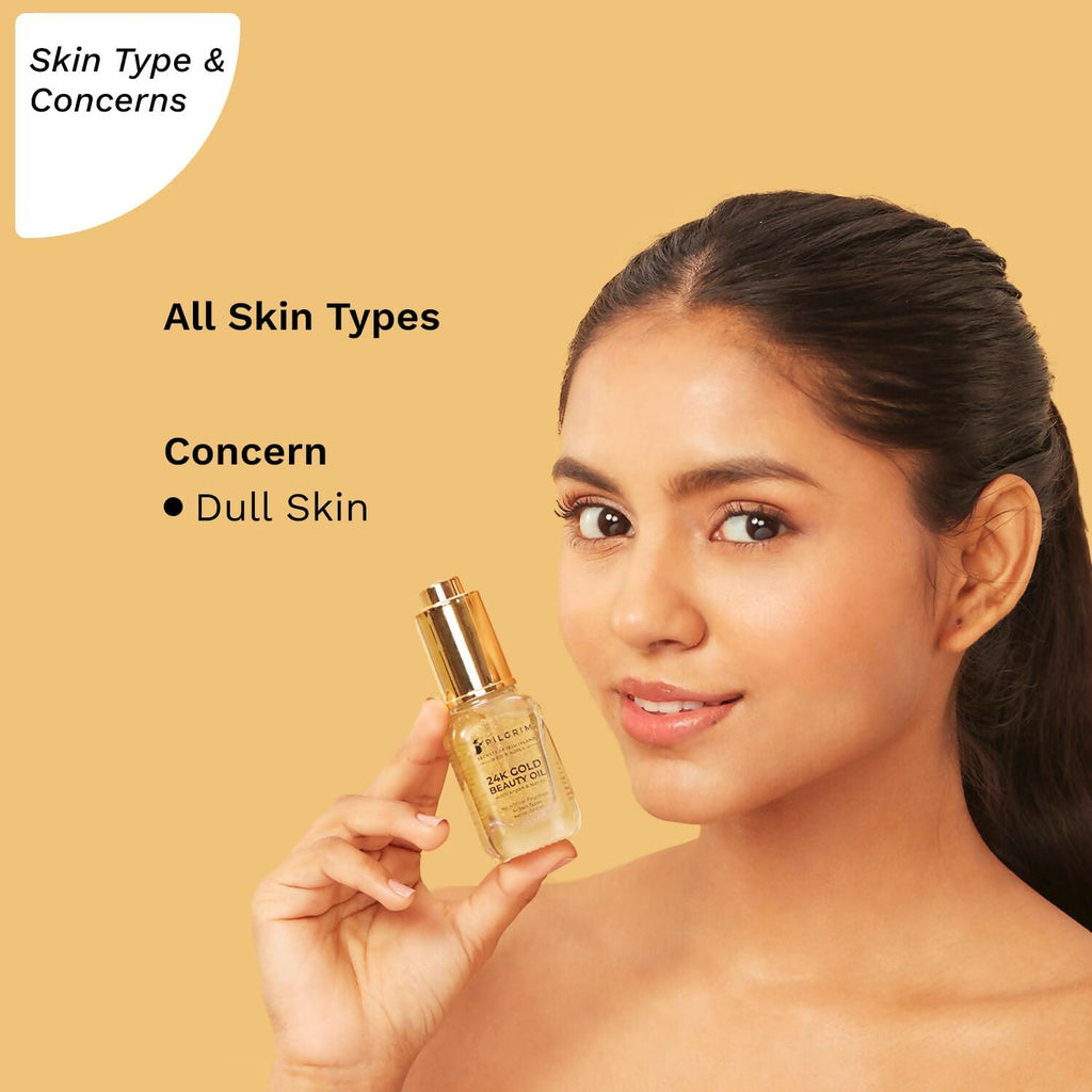 Pilgrim 24K Gold Beauty Oil For Glowing Skin, Deep Nourishing, Anti Aging, Make Up Primer | Grocsy