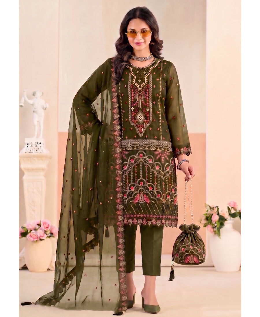 KC Mahendi Pakistani Crunchy Silk Heavy Salwar Kameez For Women | Grocsy