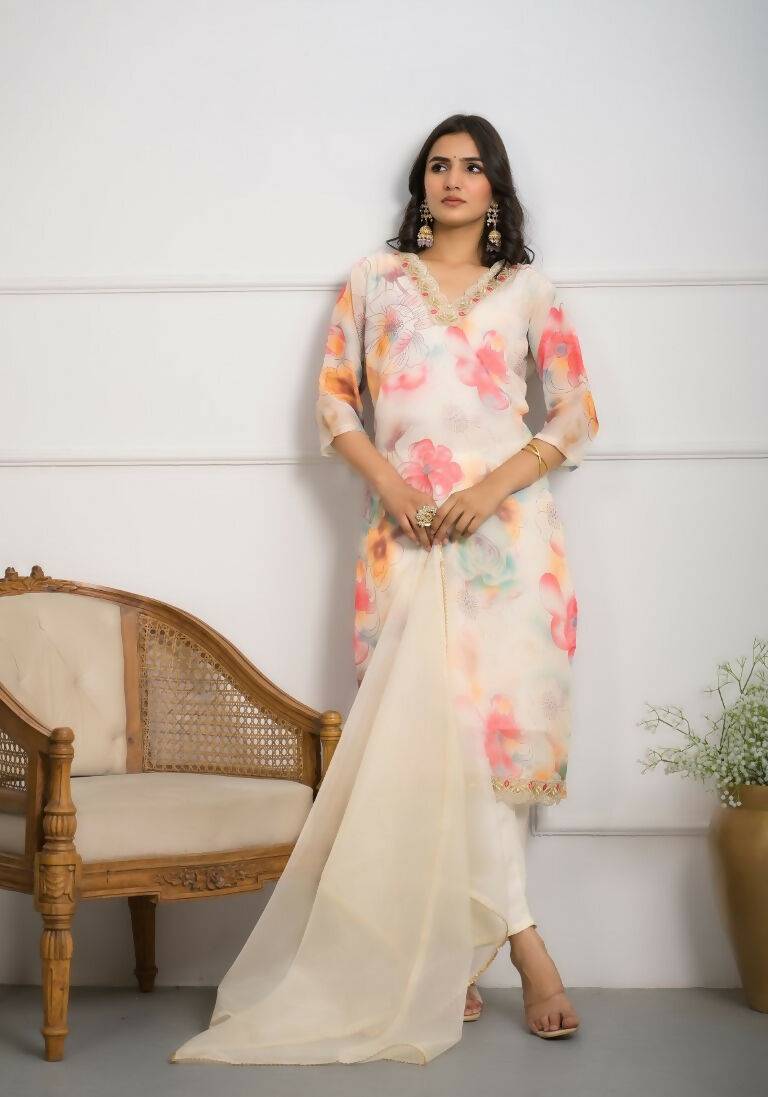 Festive Wear Ethnic Off White Premium Organza Stitched Suit With Dupatta - Tanisha | Grocsy