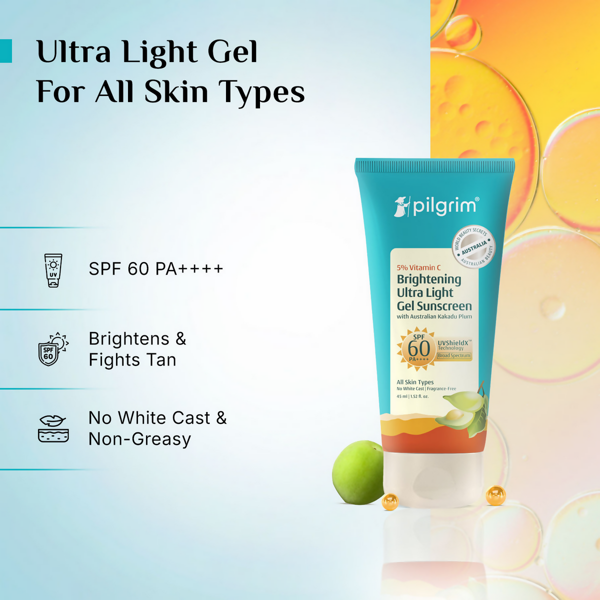 Pilgrim 5% Vitamin C Brightening Ultra Light Gel Sunscreen SPF 60 PA++++ | Grocsy