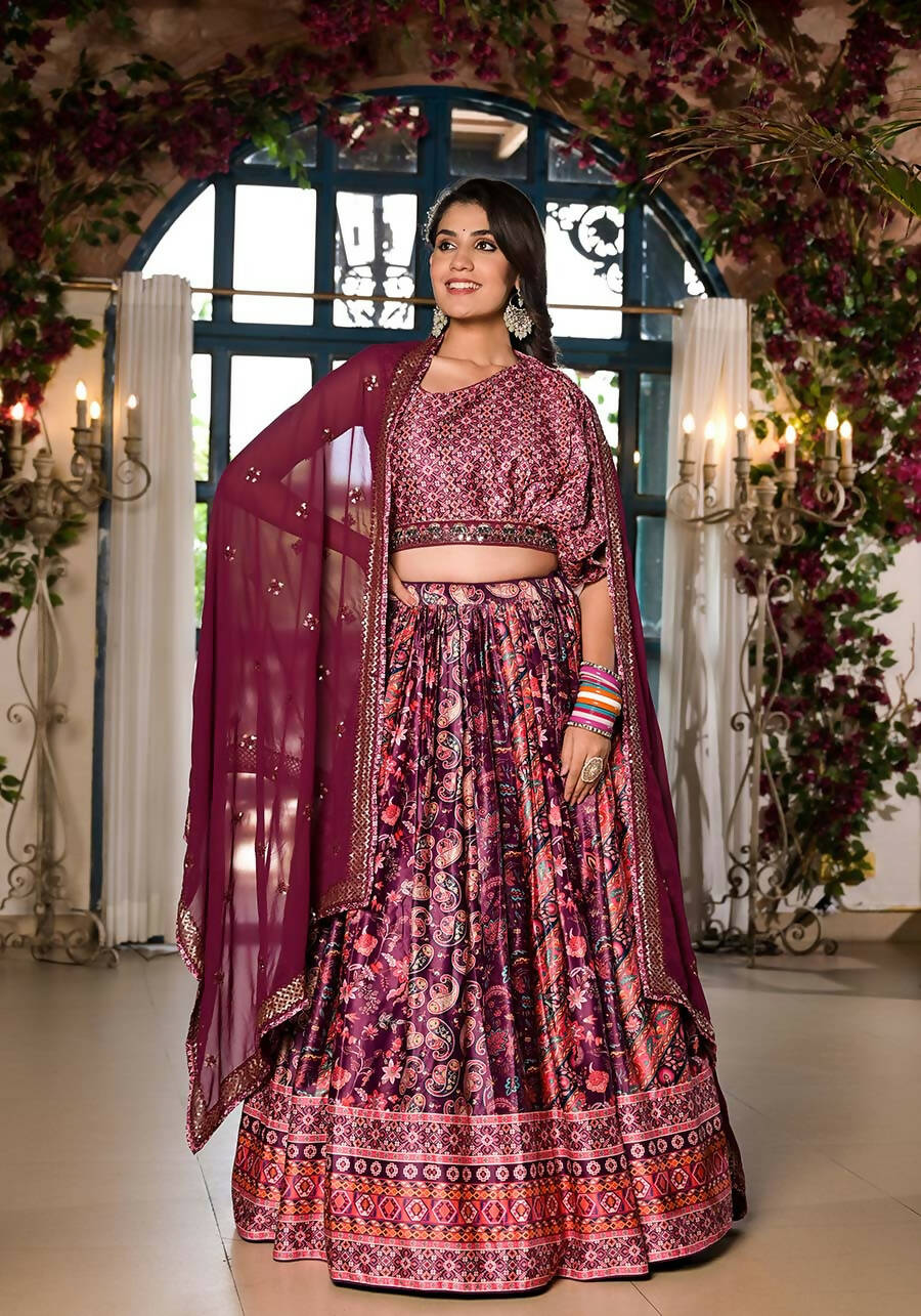 Women's Wedding Traditional Mulberry Dull Satin Lehenga Choli - Kaushlya | Grocsy