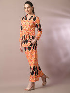 Myshka Women's Multi Printed Polo Collar Party Top With Trousers Co-ord set | Grocsy