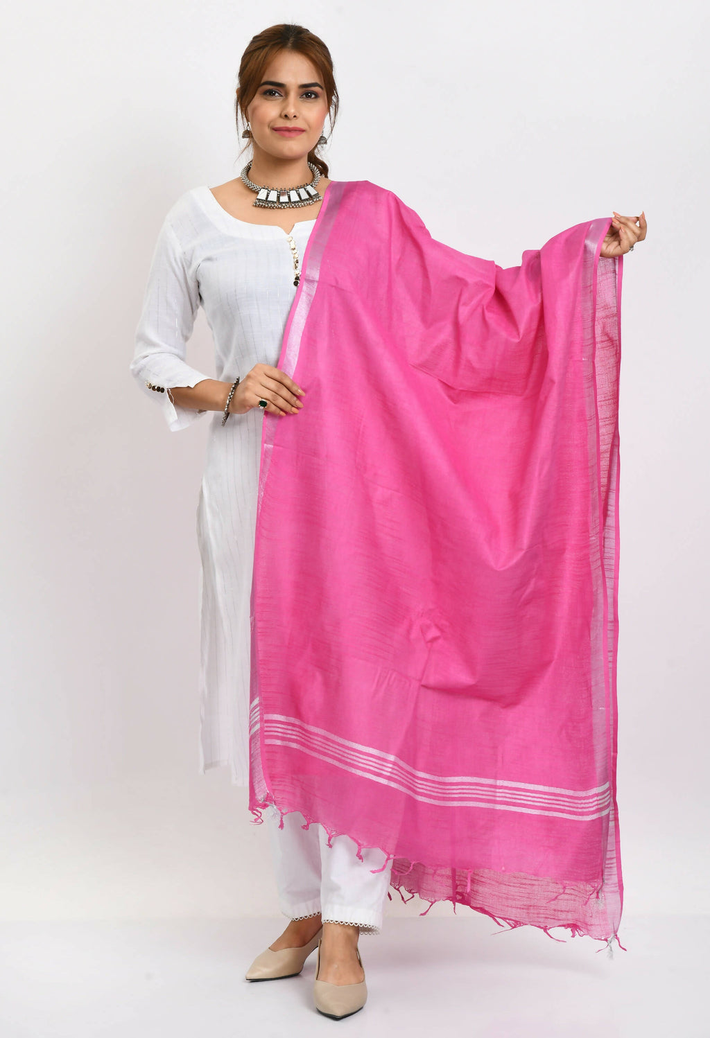 Mominos Fashion Moeza Women's Linen Cotton Silver Border Dark Pink Dupatta | Grocsy