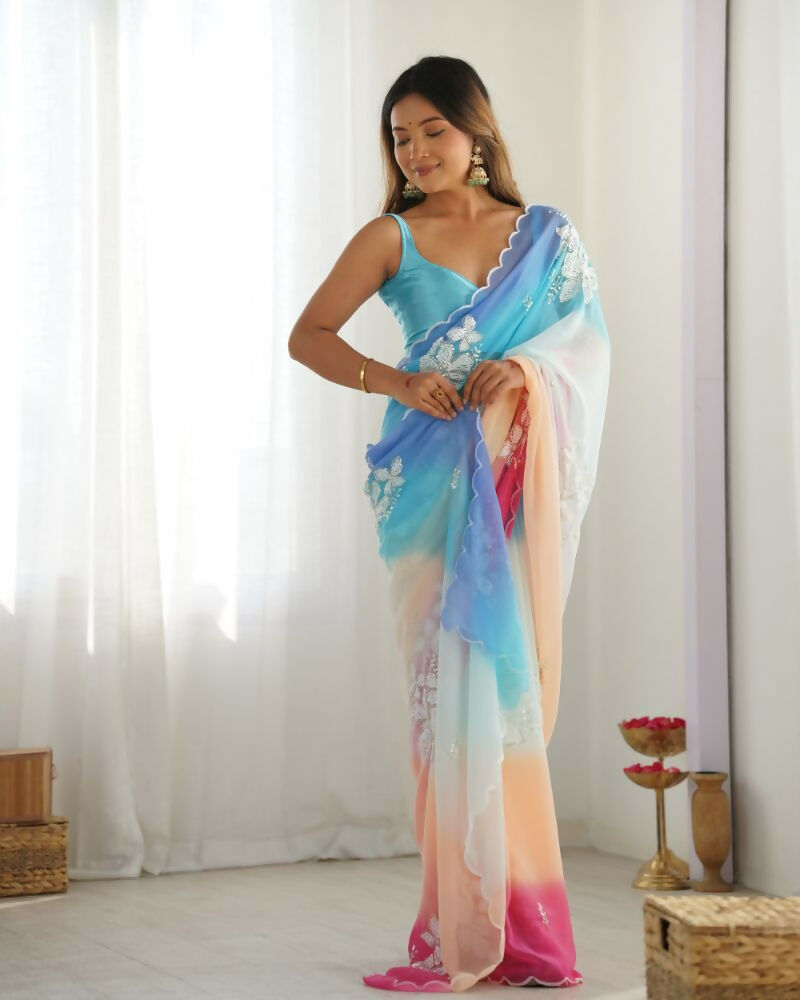 Sky Blue Georgette Pedding Color, Embroidery Work Party Wear Saree - Erisha | Grocsy