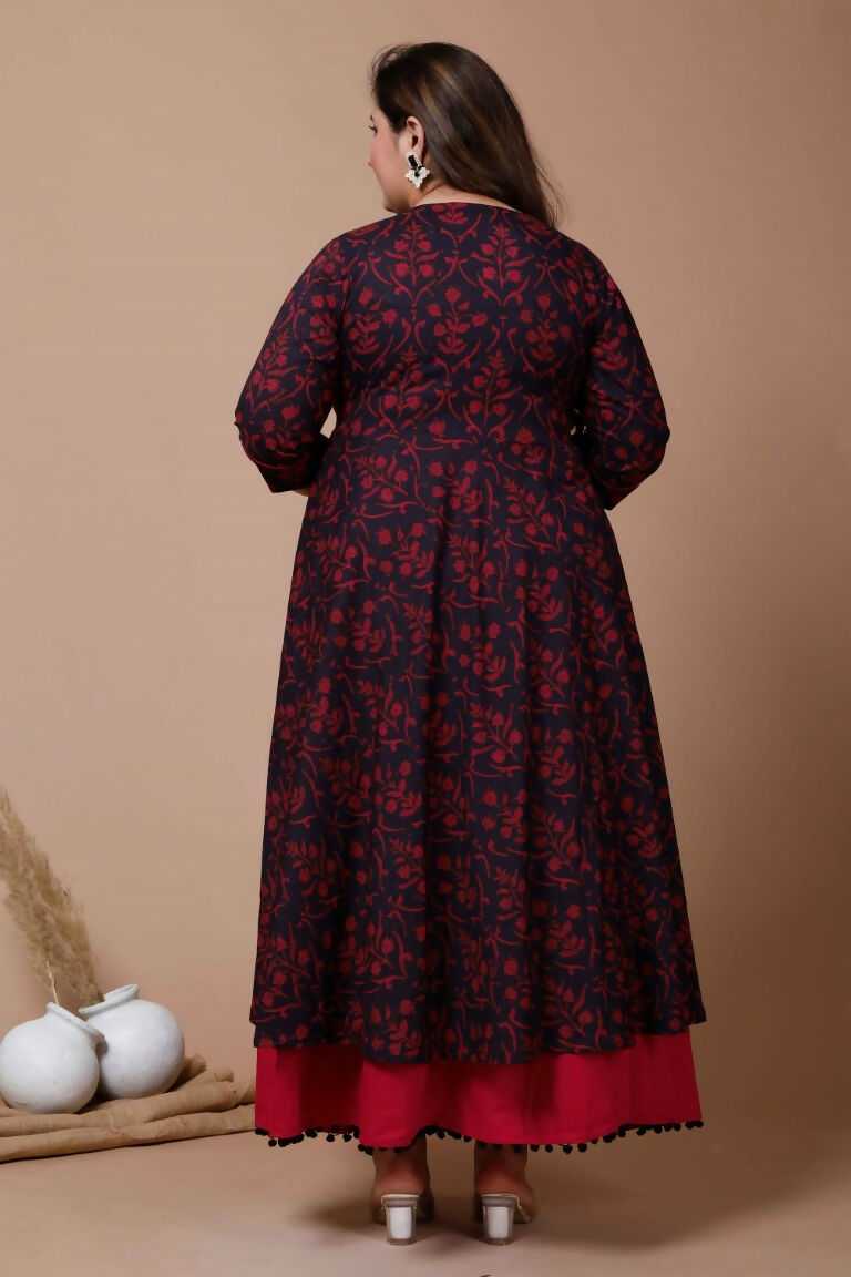 Miravan Women's Plus Size Navy Blue Floral Printed Anarkali Kurta | Grocsy