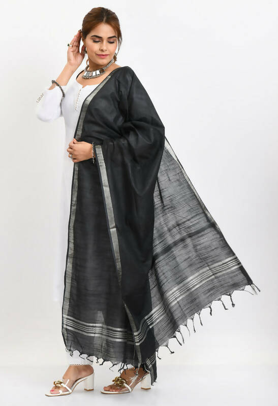 Mominos Fashion Moeza Women's Linen Cotton Silver Border Black Dupatta | Grocsy