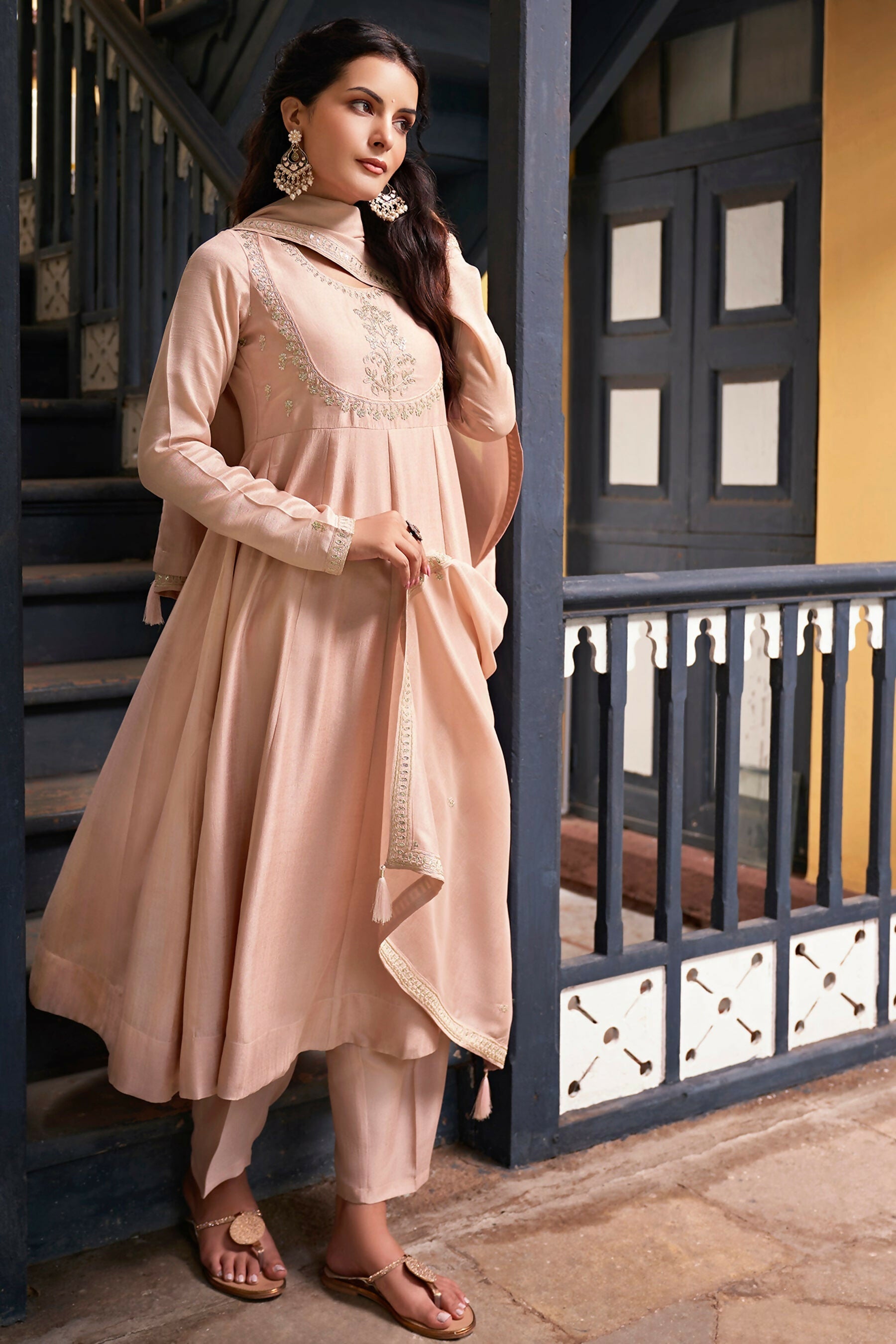 The52 Women's Beautiful Vichitra Silk Fabric Embroidery Work Flared Anarkali Pant and Dupatta Set | Grocsy