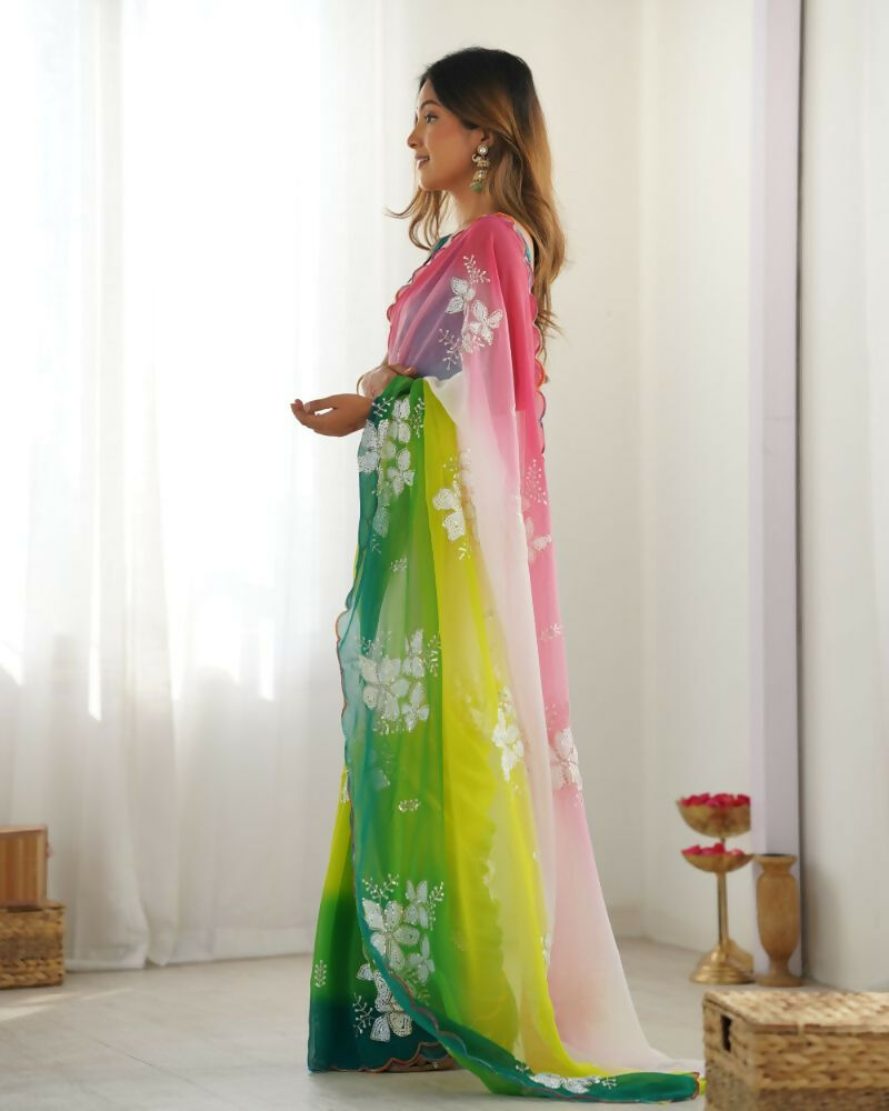 Green Georgette Pedding Color, Embroidery Work Party Wear Saree - Erisha | Grocsy