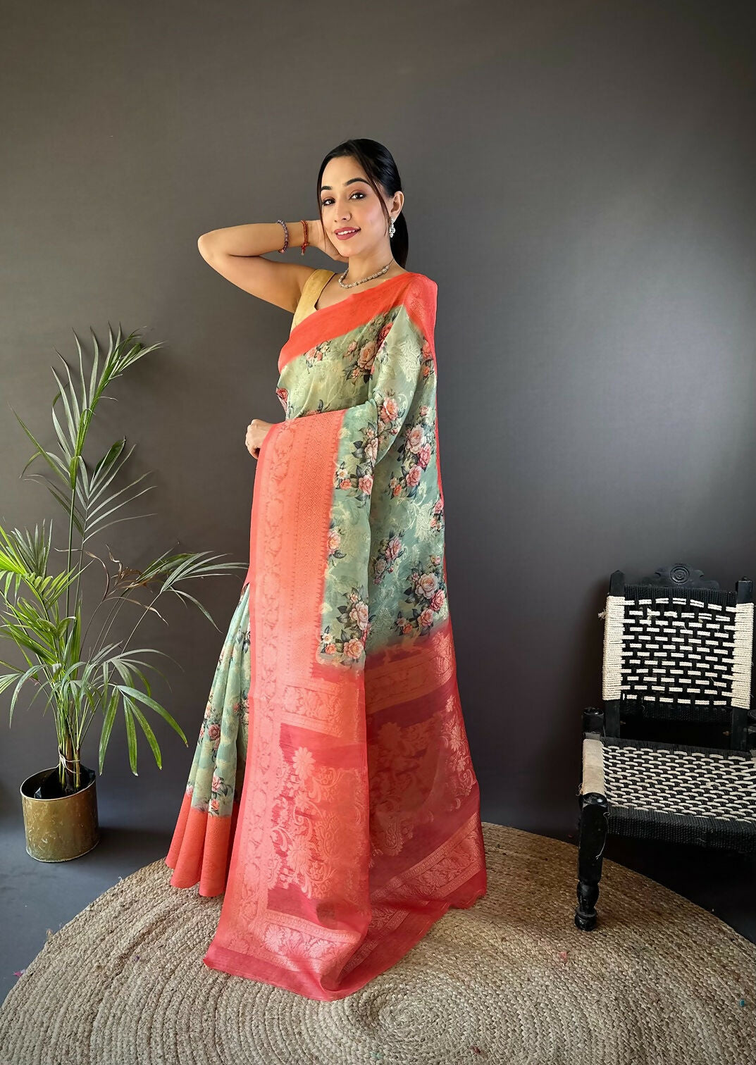 Joban Fashion Brick Red Floral Motifs Banarasi Silk Sarees | Grocsy