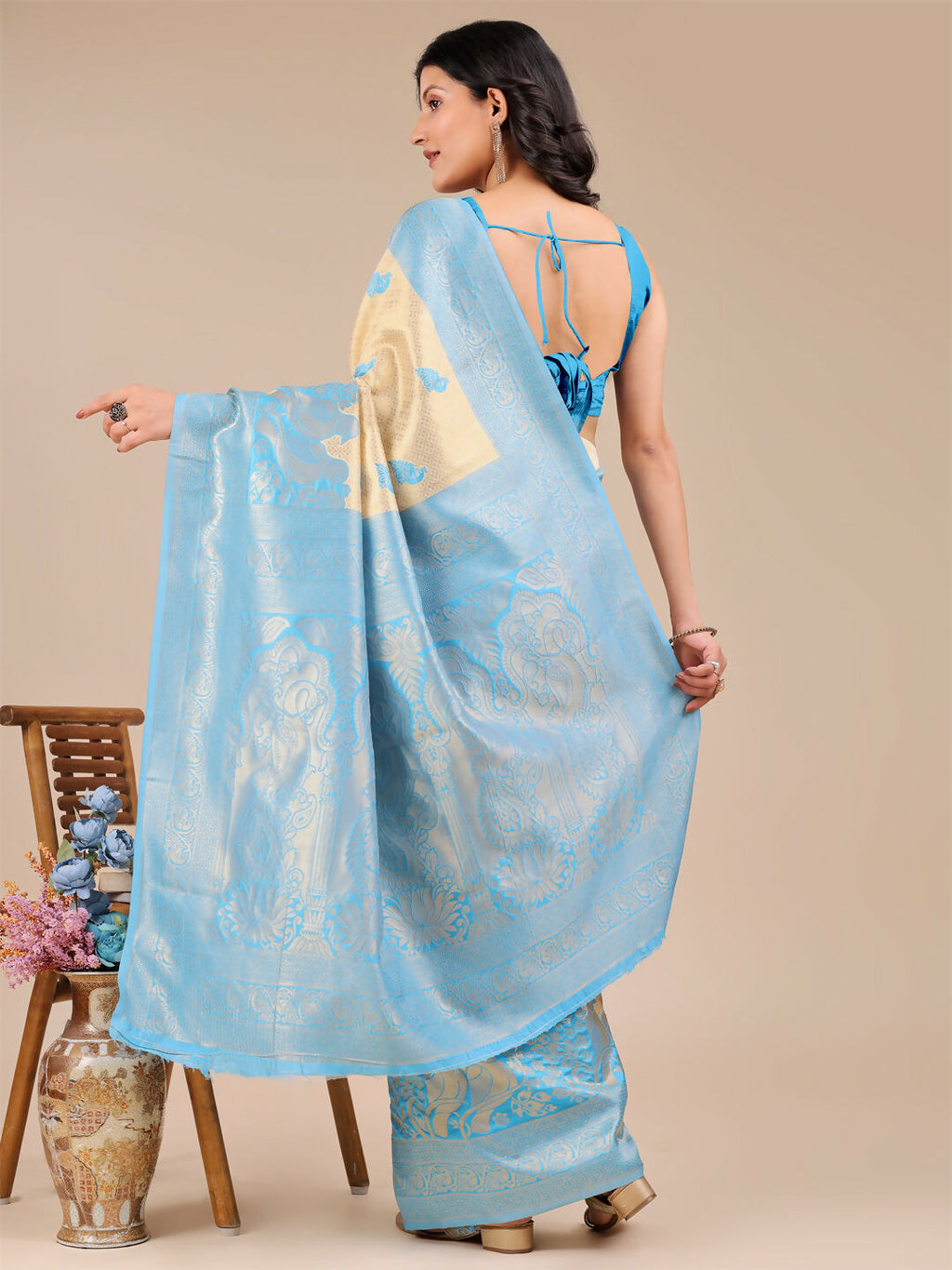 Shree Shyam Fashion Banarasi Silk Cream & Sky Blue Saree | Grocsy