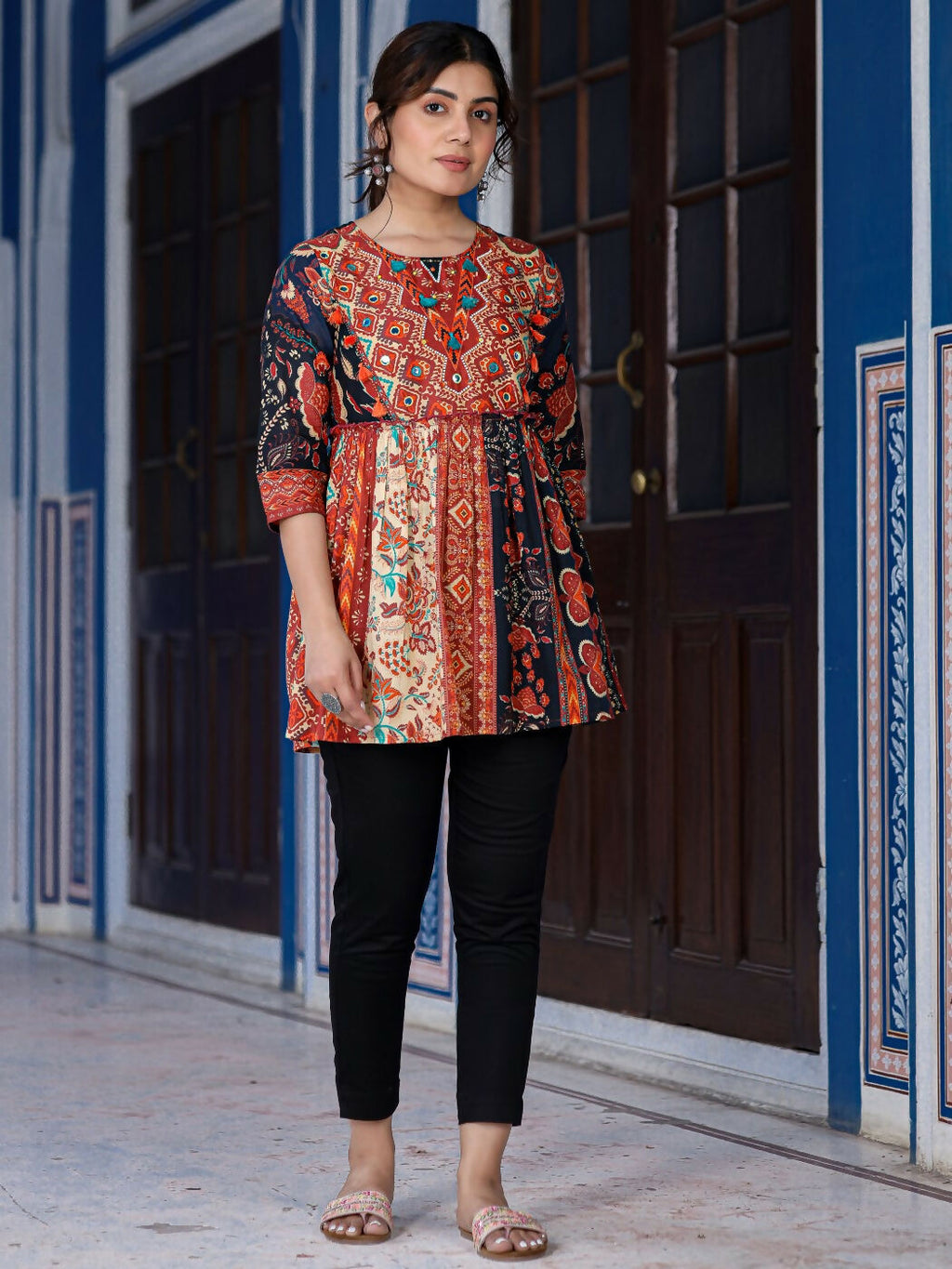 Juniper Women's Multi Colored Ethnic Motif Printed Cotton Peplum Tunic | Grocsy