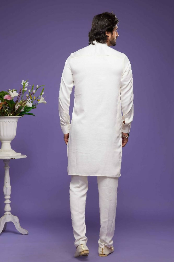 Raivat Ethnic Art Banarasi Silk Thread Work Kurta Pajama In Cream Colour | Grocsy