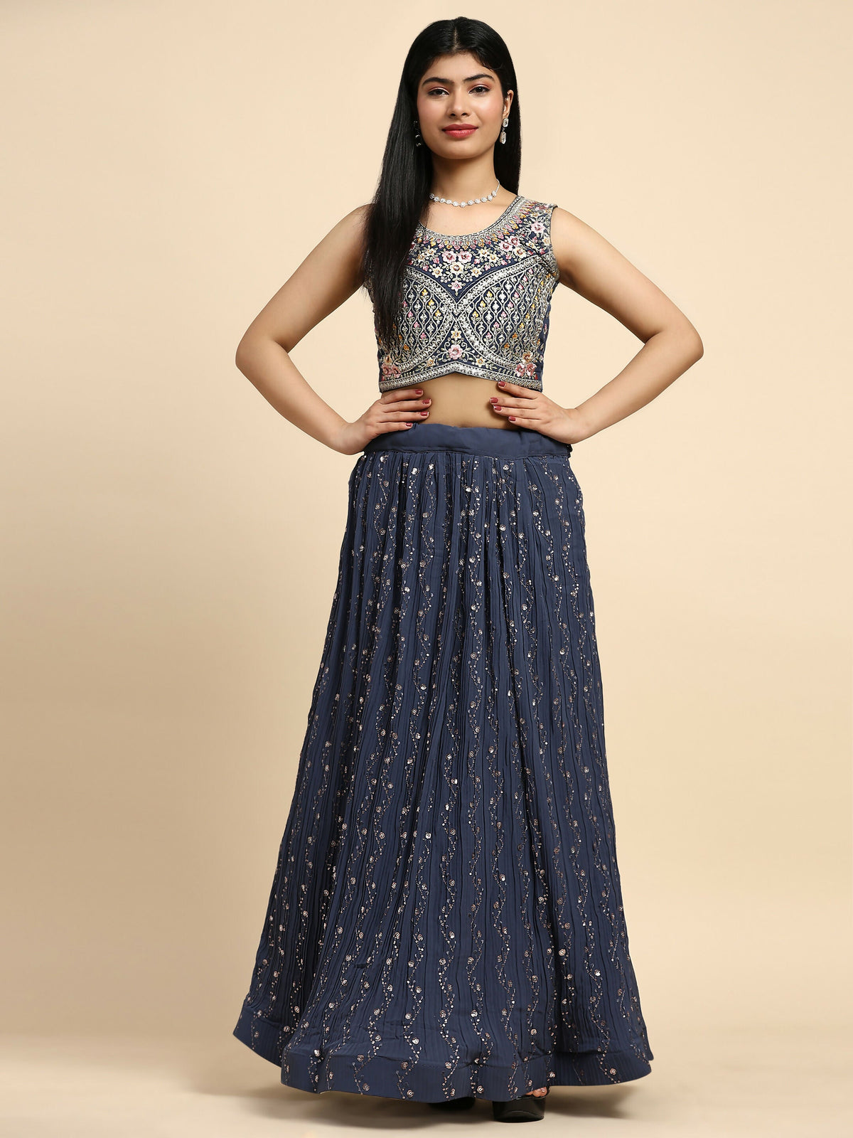 Dark Grey Georgette Embroidered Lehenga choli with Dupatta - Dhara | Grocsy