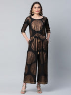 Ahalyaa Black Crepe Copper Foil Printed Jumpsuit | Grocsy
