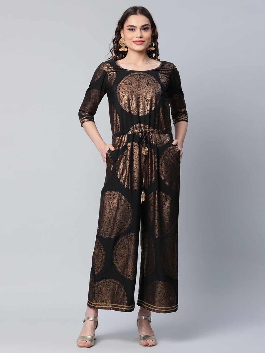 Ahalyaa Black Crepe Copper Foil Printed Jumpsuit | Grocsy