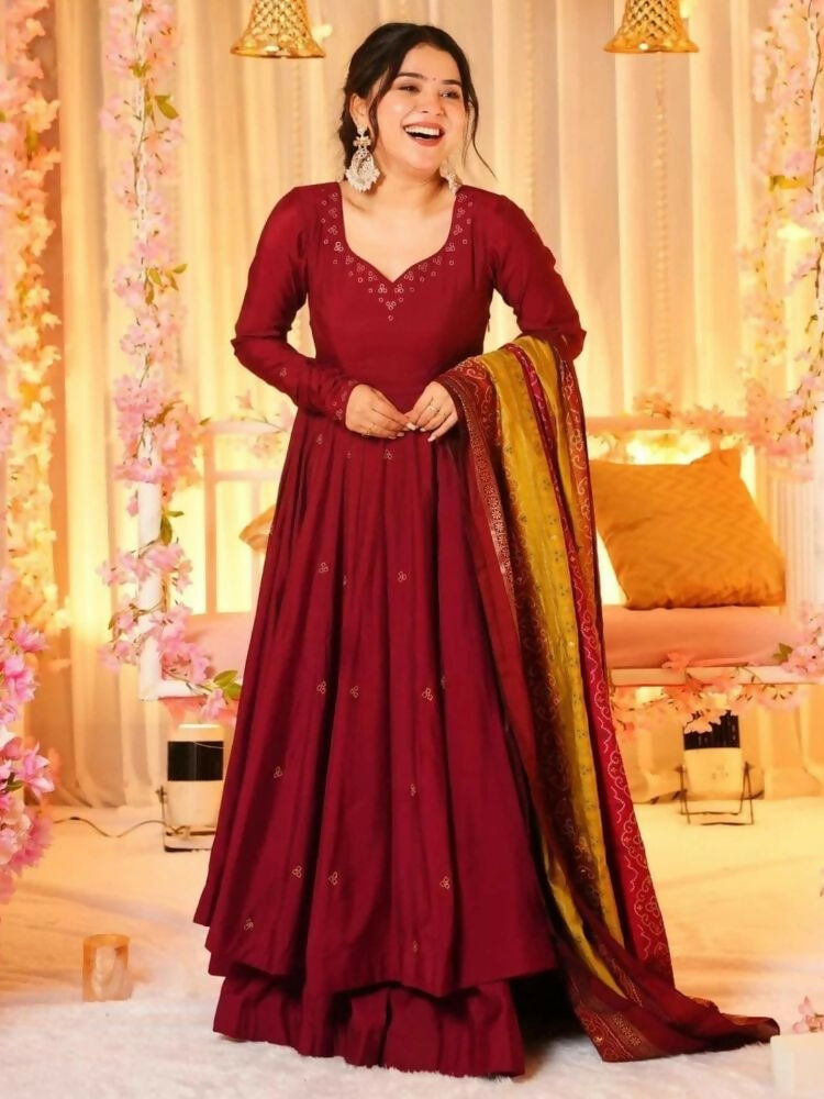 The52 Women's Beautiful Printed Work Viscose Fabric Flared Anarkali Palazzo and Dupatta Set | Grocsy