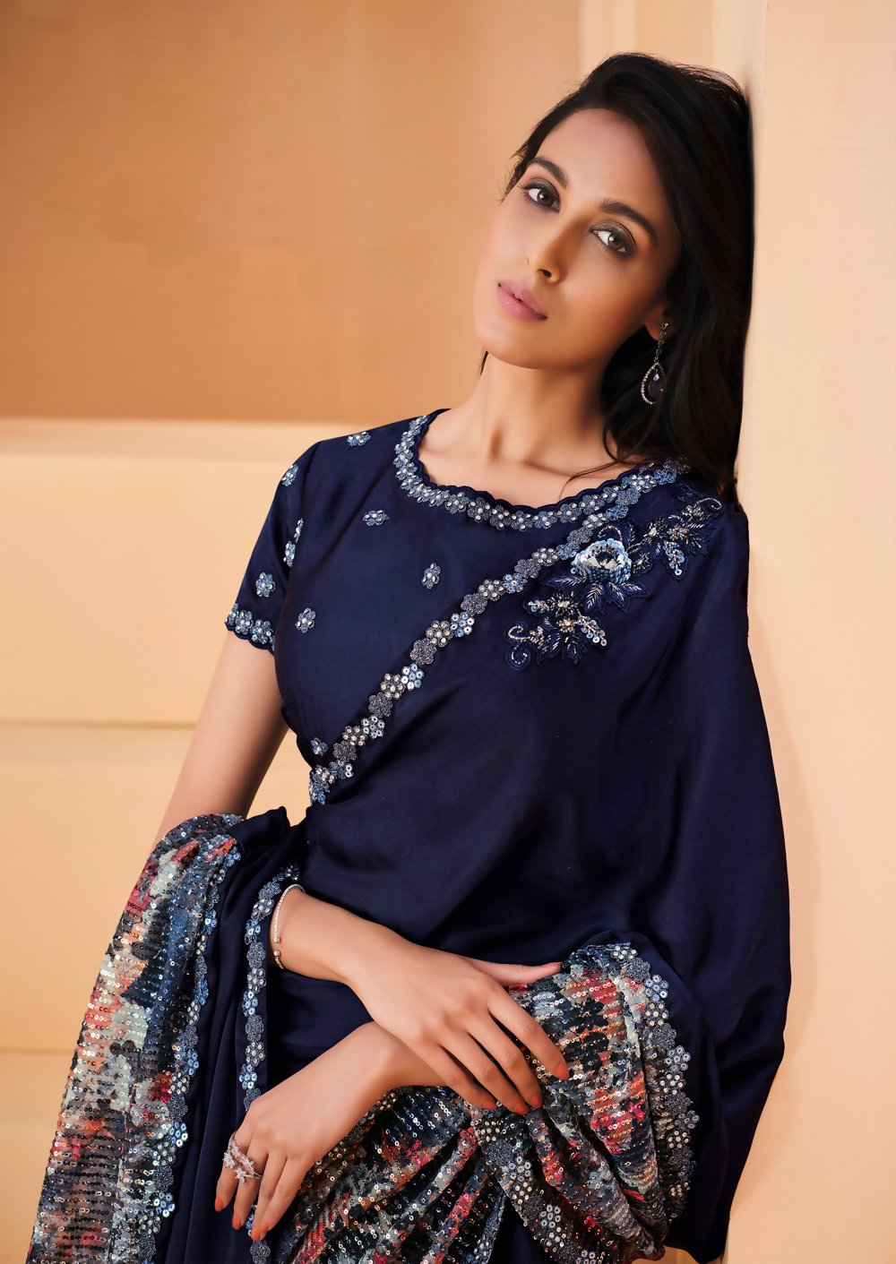 Navy Blue Satin Crepe Silk Embroidery with Digital Sequence Work Saree - Norita Helly | Grocsy