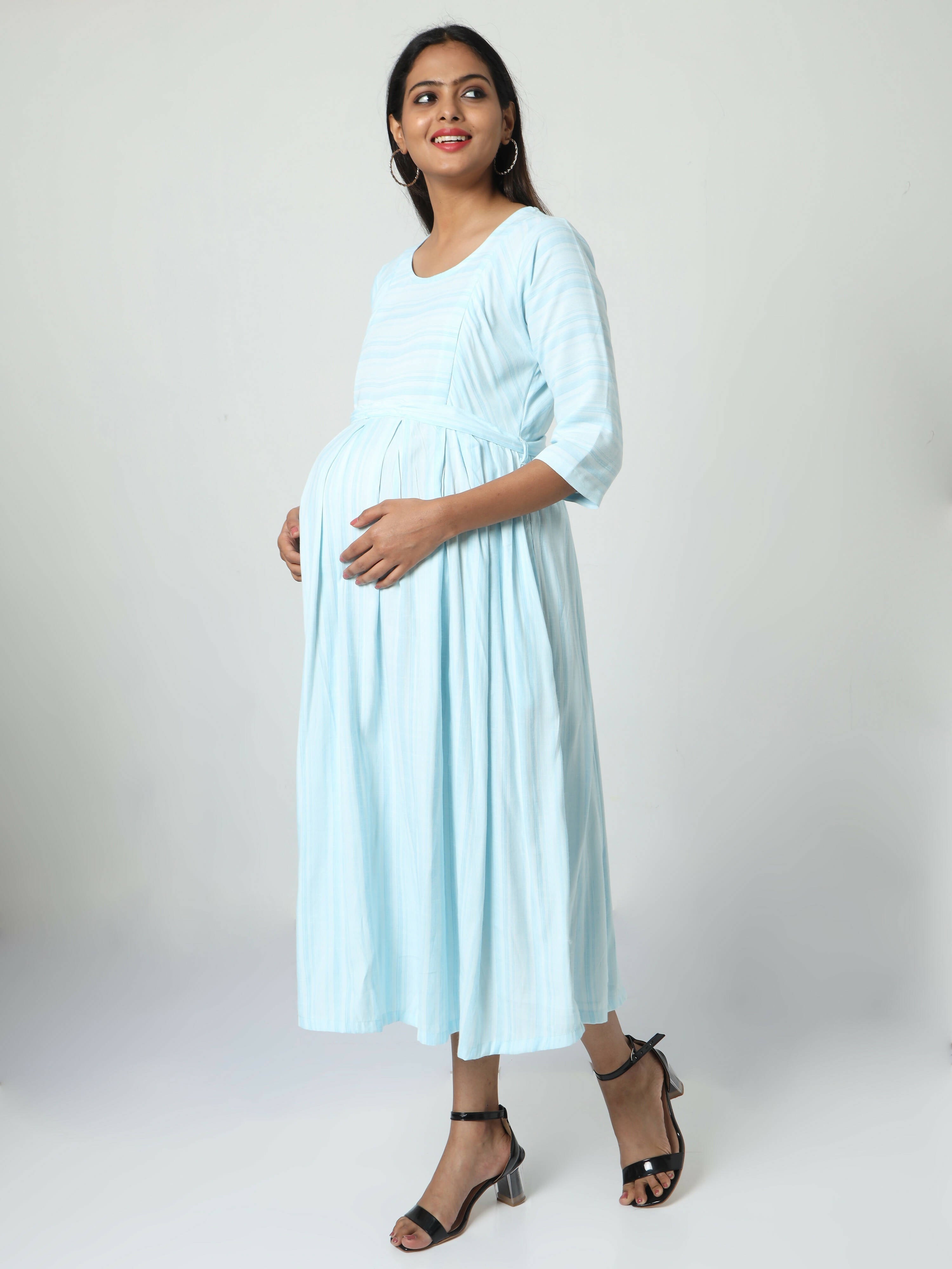 Manet Three Fourth Maternity Dress Striped With Concealed Zipper Nursing Access - Light Blue | Grocsy