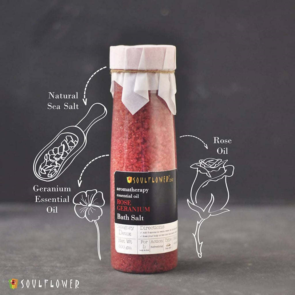 Soulflower Aromatherapy Essential Oil Rose Geranium Bath Salt | Grocsy