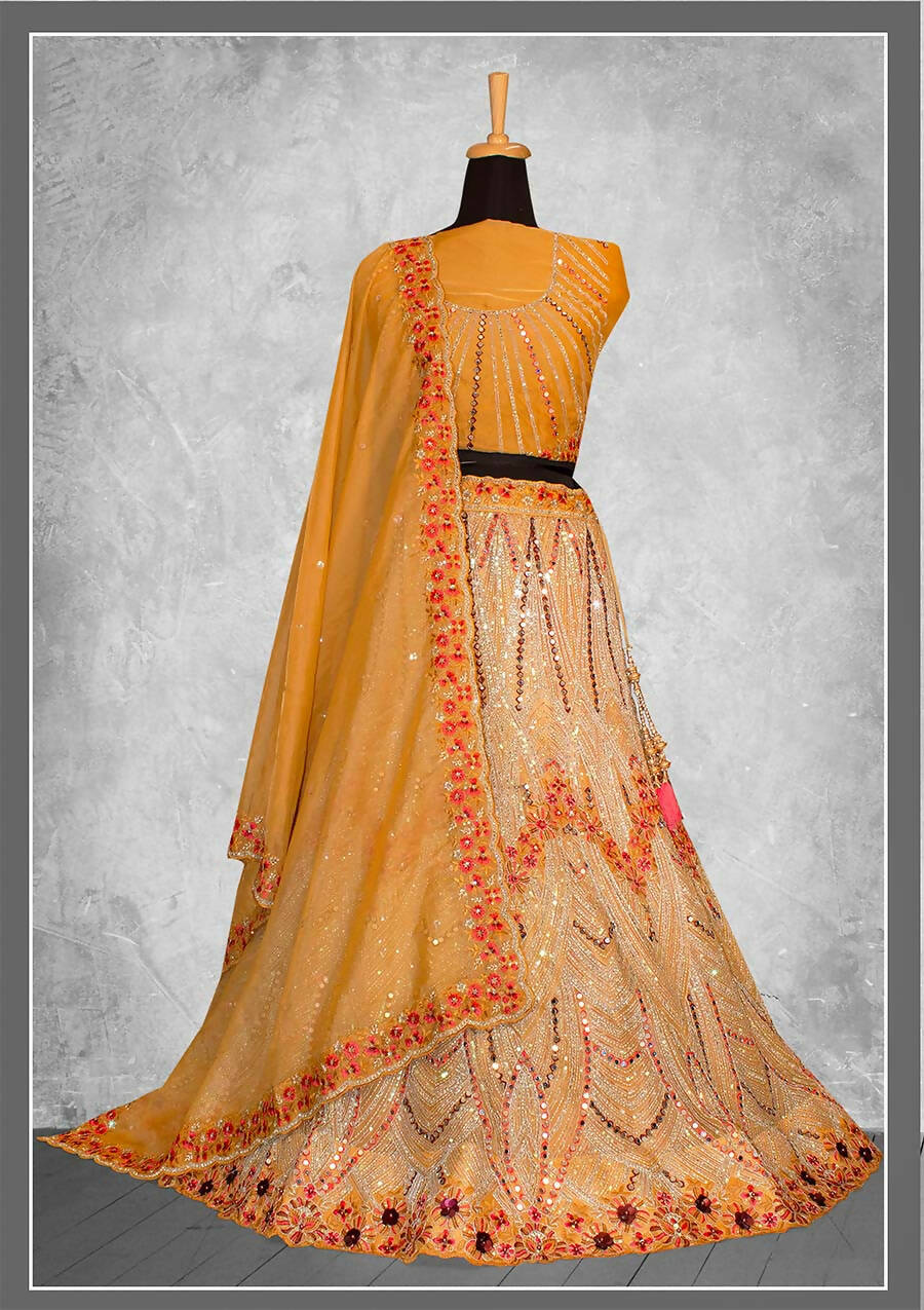 Mustard Net Embroidery & Thread Work Bridal lahenga Choli with Dupatta - Nimaya Pavitra Rista | Grocsy