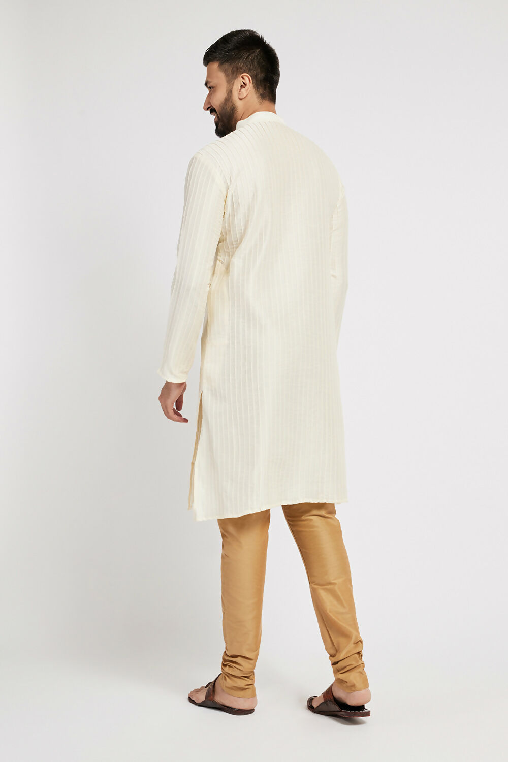 Ethnic India Cream Men's Kurta Striped Polyester | Grocsy