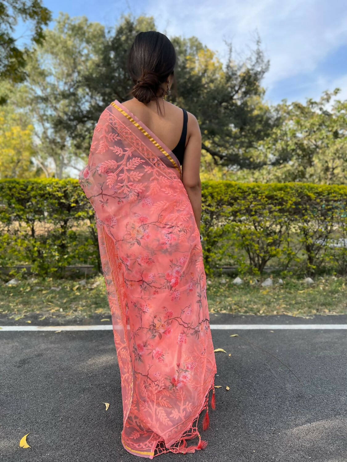 Vamsee Peach Organza Saree | Grocsy