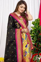 Jyoti Fashion Women's Black Paithani Silk Zari Woven Saree with Blouse | Grocsy