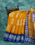 Yellow And Dark Ink Blue Colour Bathik Print Semi Chanderi Saree By Gayathri Reddy Designer Studio | Grocsy