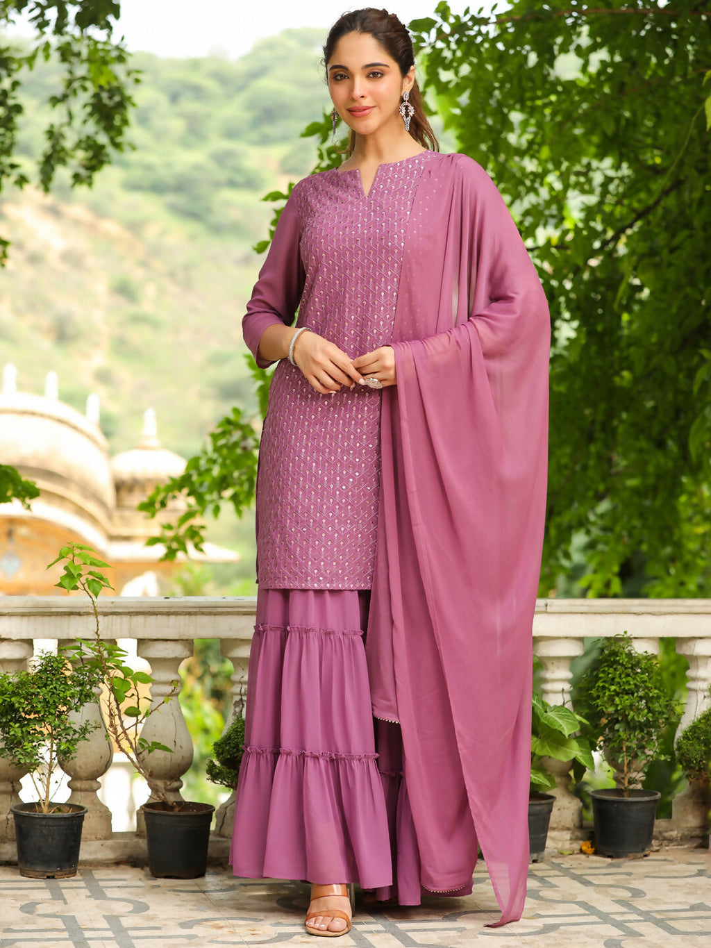 Janasya Lavender Georgette Embroidered Kurta,Bottom & Dupatta | Grocsy