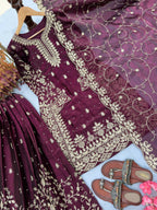 Teeya Creation Wine Pure Silk Gimmy Silk Heavy Embroidery Work Wedding Wear Palazzo Pair | Grocsy