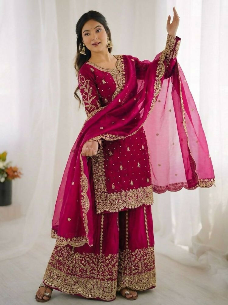 Teeya Creation Rani Color Fendy Silk Embroidery Work Wedding Wear Salwar Suit | Grocsy
