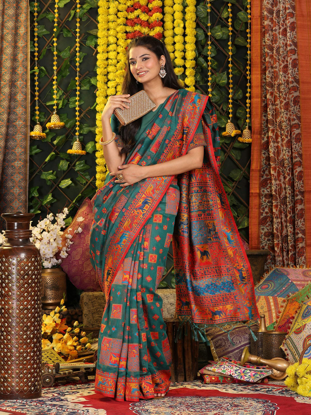 Shree Shyam Fashion Linen Cotton Rama Green Saree | Grocsy