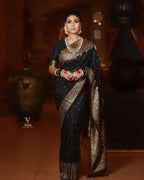 DEIANA'S Beautiful Designer Golden zari Soft Lichi Silk Saree - Black | Grocsy