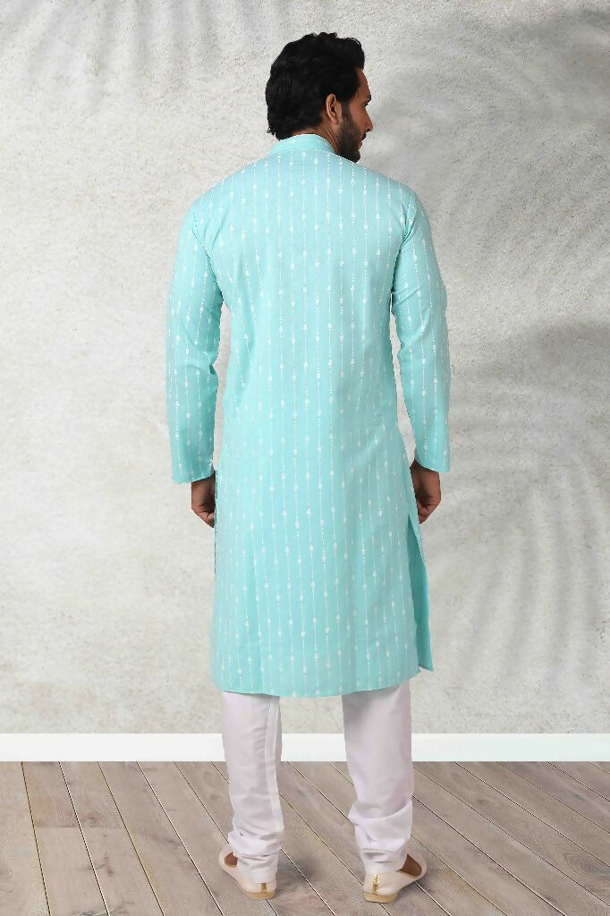 Raivat Ethnic Cotton Printed Work Kurta Pajama In Sea Green Colour | Grocsy